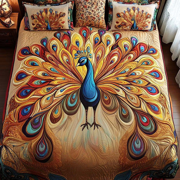 Regal Peacock Display quilted 3-piece bedding set on a made bed with two matching pillow shams