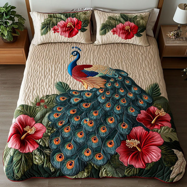 Regal Peacock Elegance quilted 3-piece bedding set on a made bed with two matching pillow shams