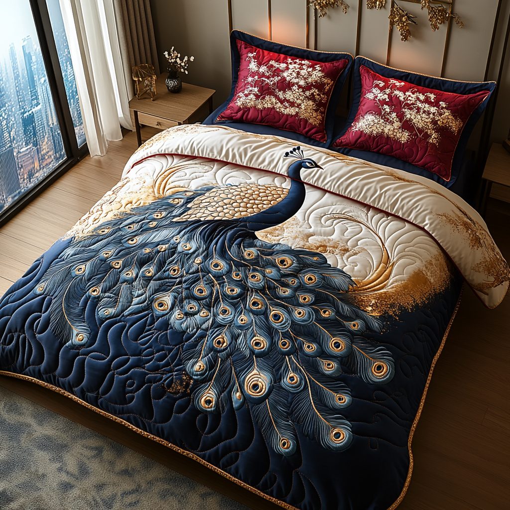 Regal Peacock quilted 3-piece bedding set on a made bed with two matching pillow shams