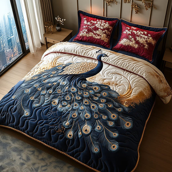 Regal Peacock quilted 3-piece bedding set on a made bed with two matching pillow shams