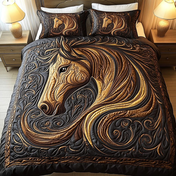 Regal Roan quilted 3-piece bedding set on a made bed with two matching pillow shams