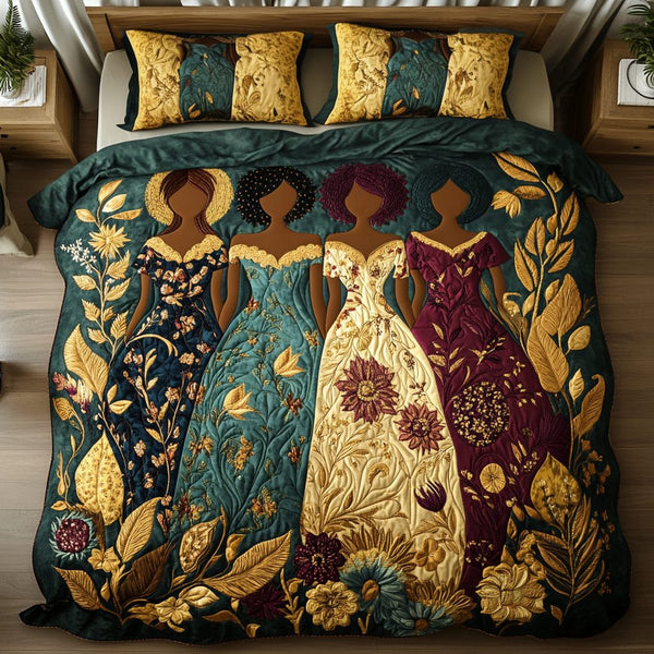 Regal Roots quilted 3-piece bedding set on a made bed with two matching pillow shams