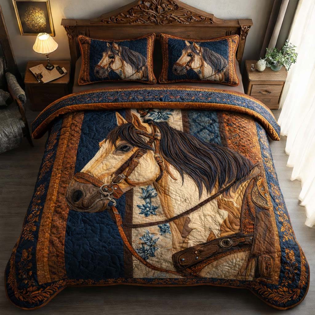 Regal Stallion quilted 3-piece bedding set on a made bed in a rustic timber bedroom