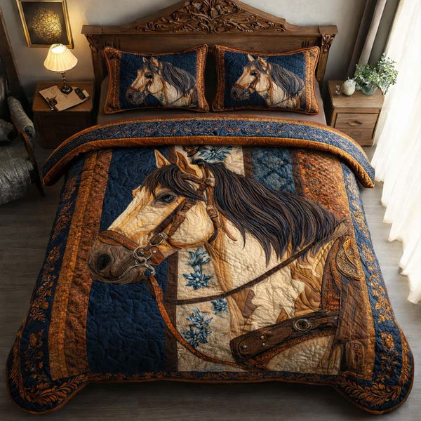 Regal Stallion quilted 3-piece bedding set on a made bed in a rustic timber bedroom