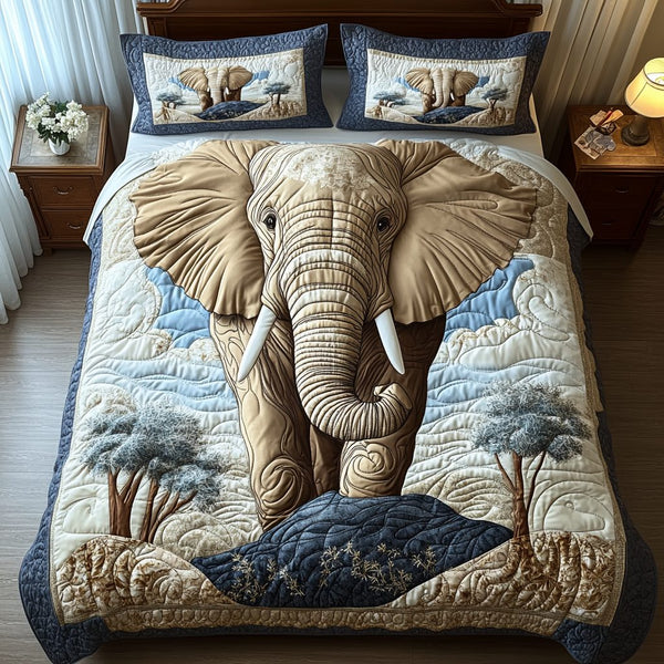 Regal Trunk quilted 3-piece bedding set on a made bed with two matching pillow shams