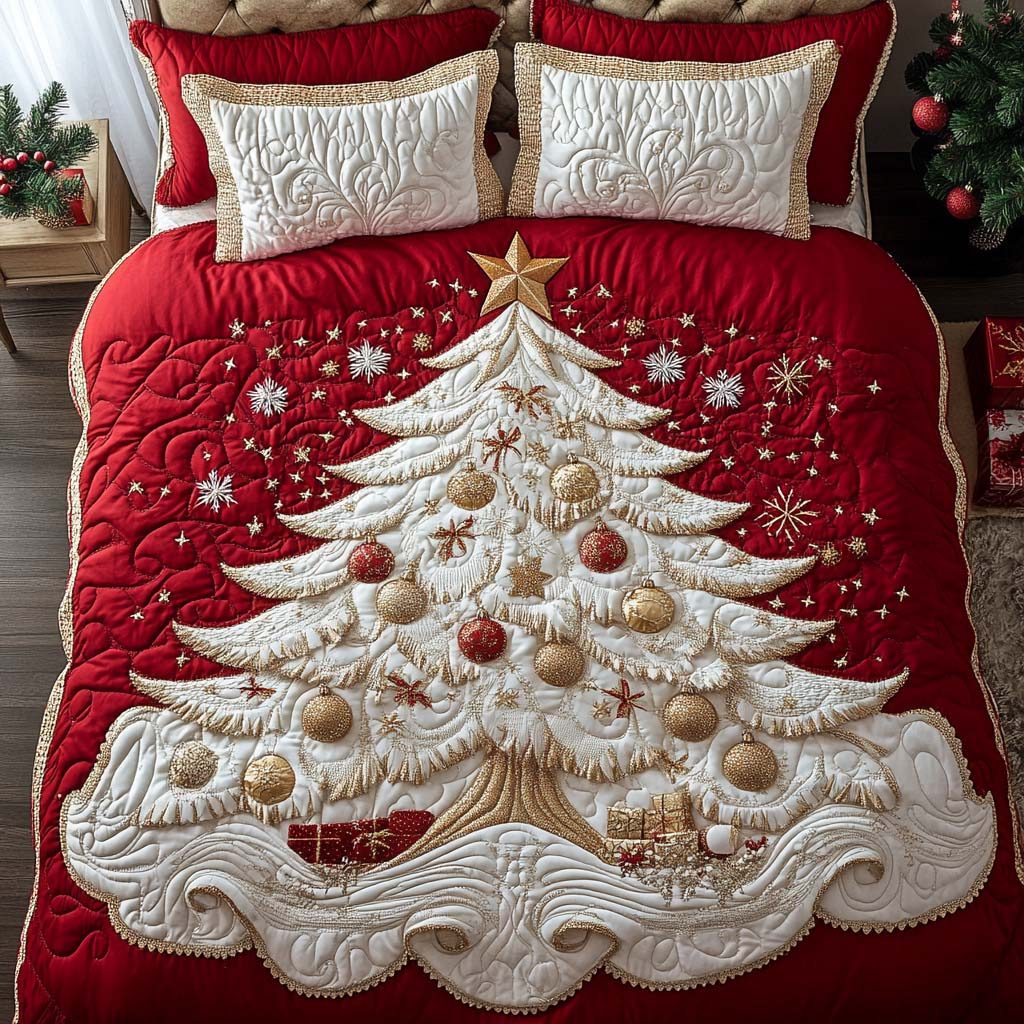 Regal White Christmas quilted 3-piece bedding set on a made bed in a winter-styled bedroom