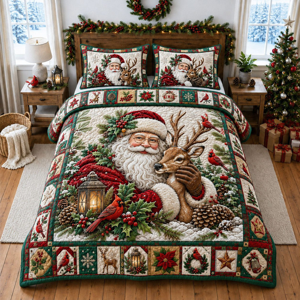 Reindeer and Santa quilted 3-piece bedding set on a made bed in a winter-styled bedroom