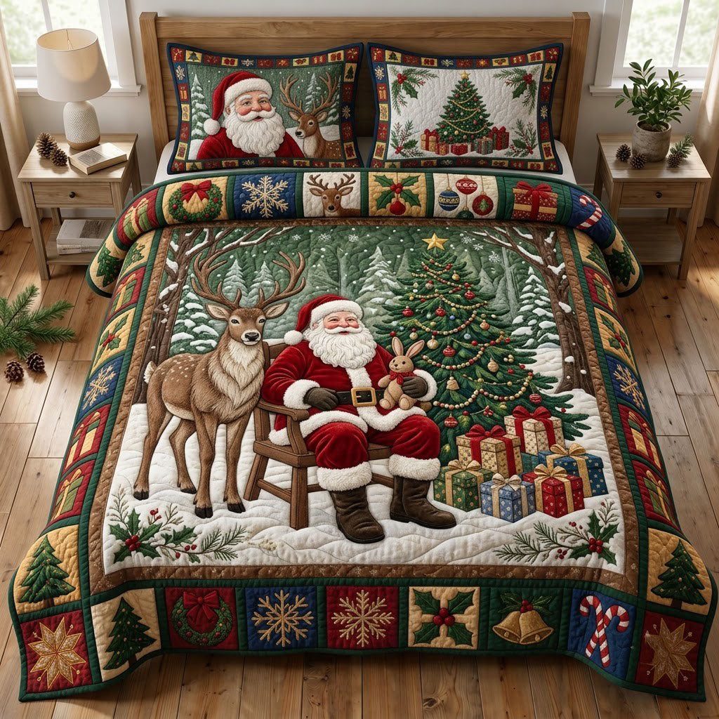 Reindeer and Santa quilted 3-piece bedding set on a made bed in a winter-styled bedroom