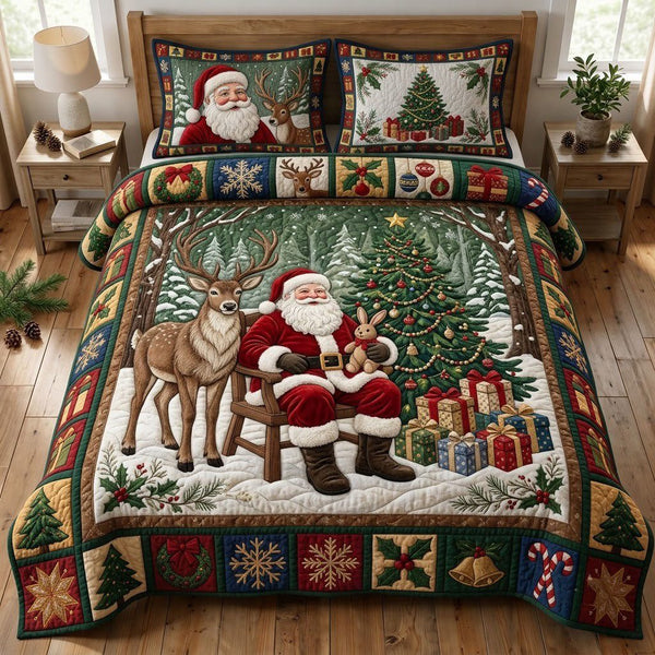 Reindeer and Santa quilted 3-piece bedding set on a made bed in a winter-styled bedroom