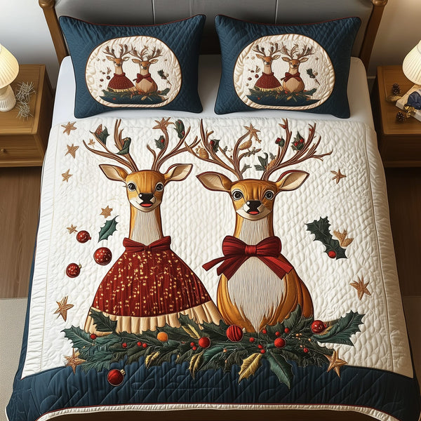 Reindeer Couple quilted 3-piece bedding set on a made bed in a winter-styled bedroom
