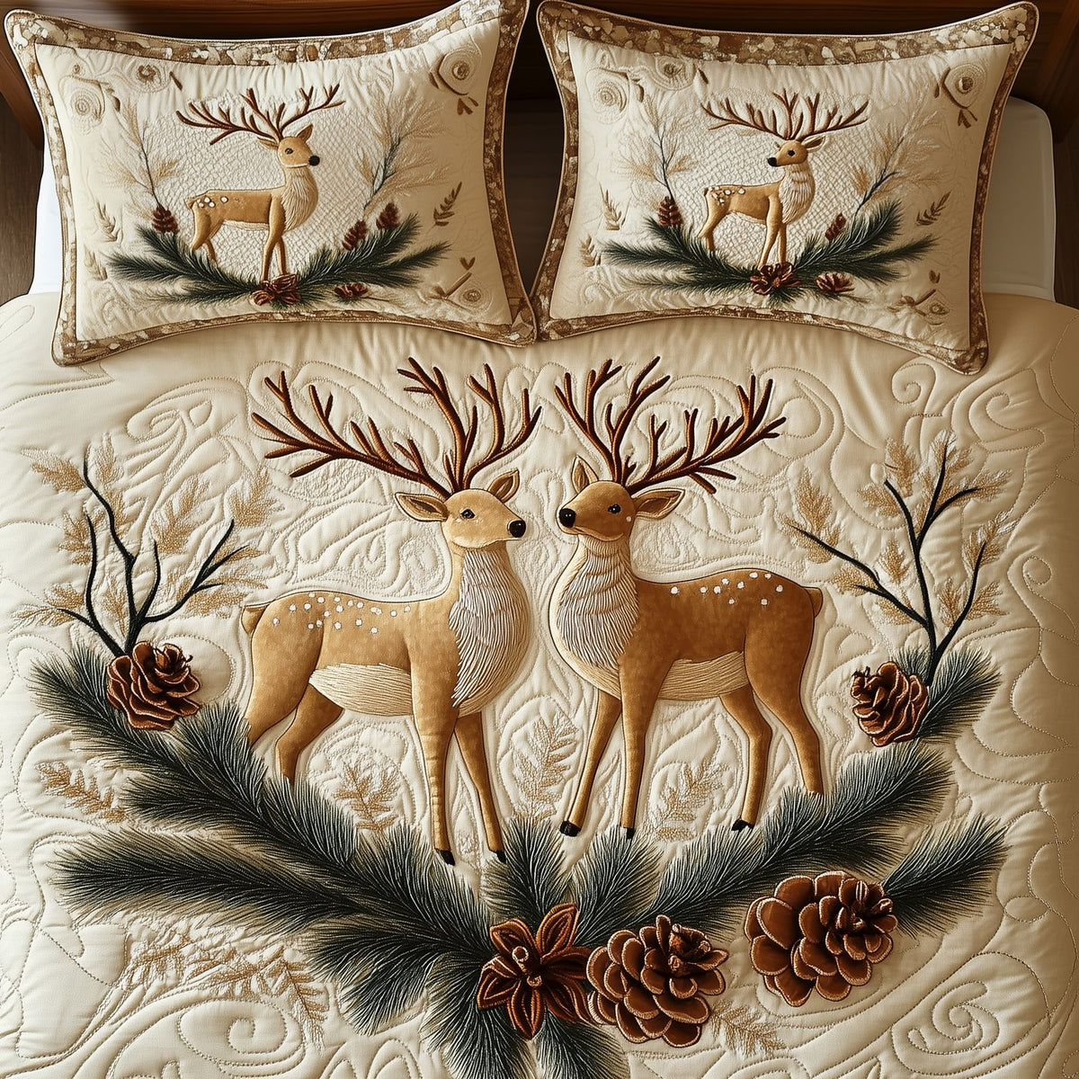 Reindeer Couple quilted 3-piece bedding set on a made bed in a winter-styled bedroom