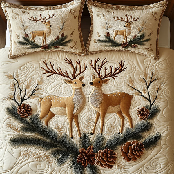 Reindeer Couple quilted 3-piece bedding set on a made bed in a winter-styled bedroom