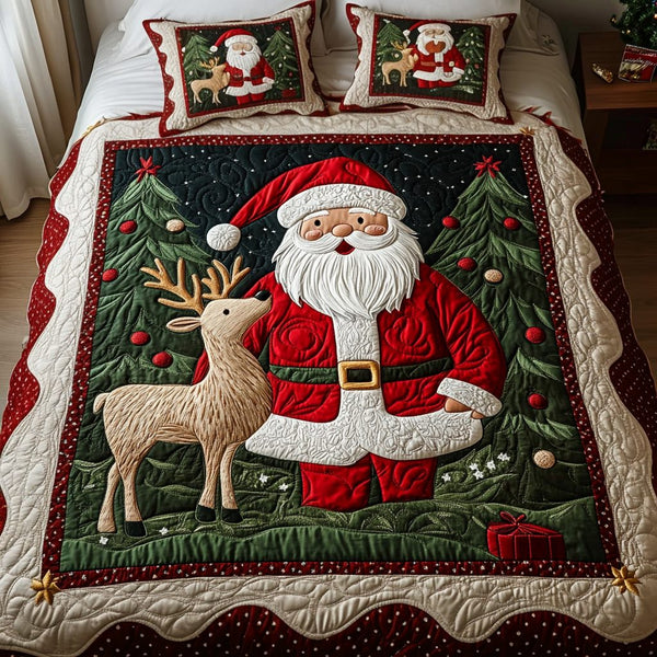 Reindeer Games quilted 3-piece bedding set on a made bed in a winter-styled bedroom