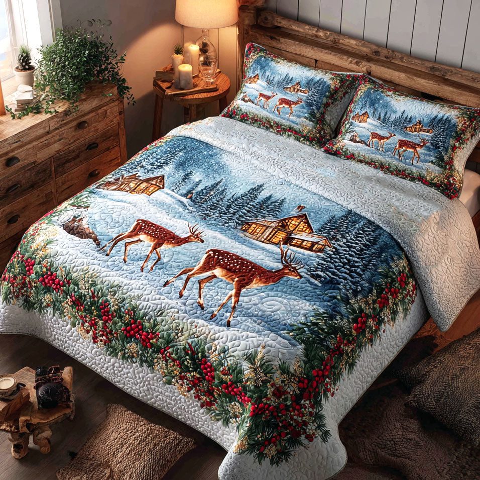 Reindeer Garland quilted 3-piece bedding set on a made bed in a winter-styled bedroom