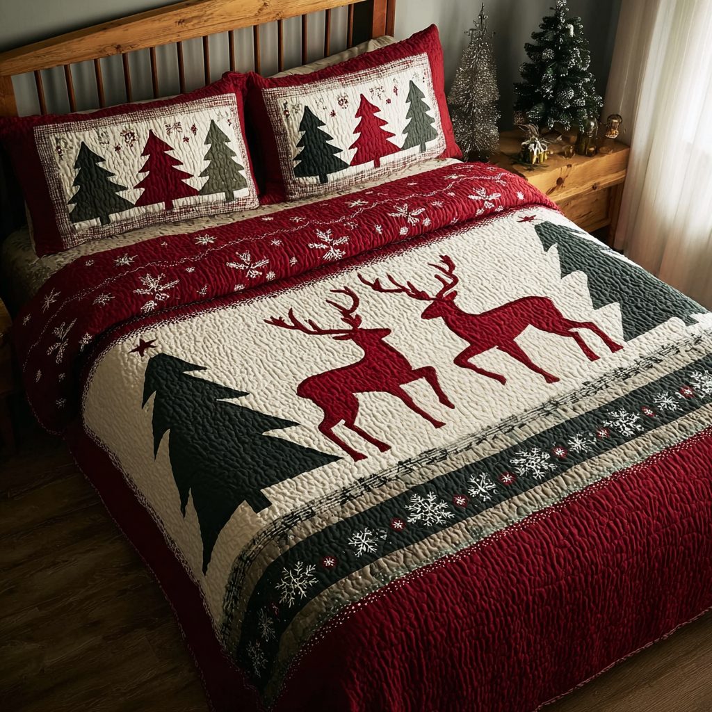 Reindeer Journey quilted 3-piece bedding set on a made bed in a winter-styled bedroom