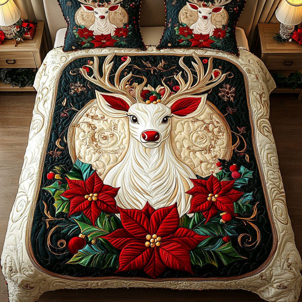 Reindeer Joy quilted 3-piece bedding set on a made bed in a winter-styled bedroom