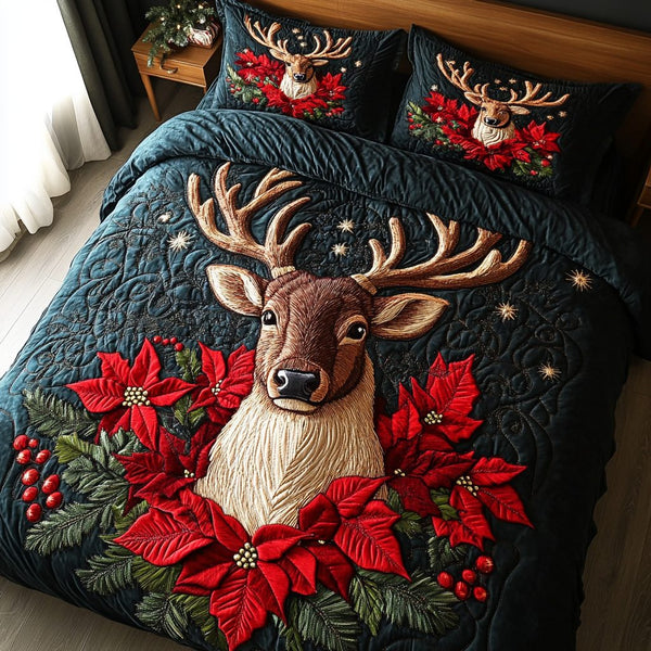 Reindeer Magic quilted 3-piece bedding set on a made bed in a winter-styled bedroom