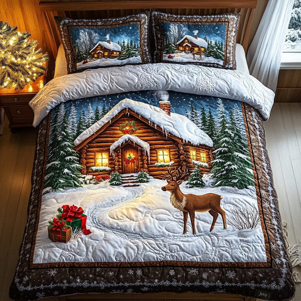 Reindeer Magic quilted 3-piece bedding set on a made bed in a winter-styled bedroom