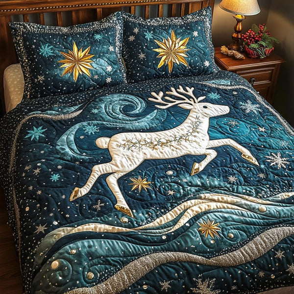Reindeer Magic quilted 3-piece bedding set on a made bed in a winter-styled bedroom
