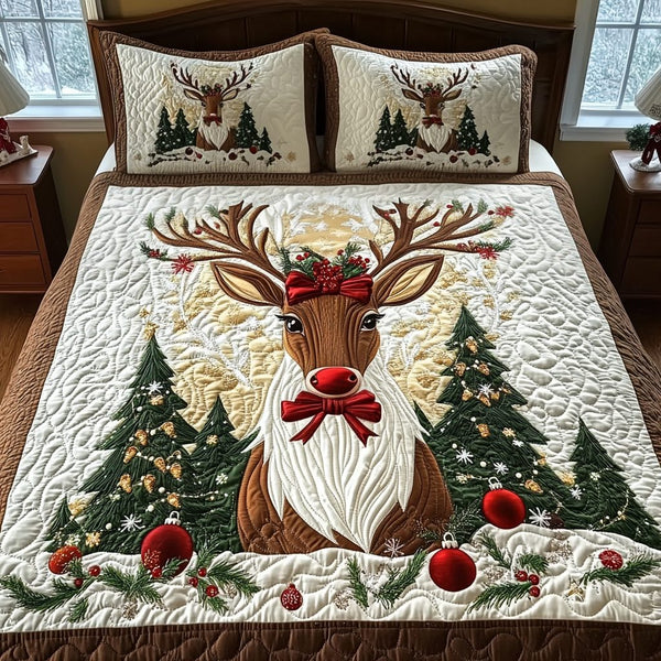 Reindeer Majesty quilted 3-piece bedding set on a made bed in a winter-styled bedroom