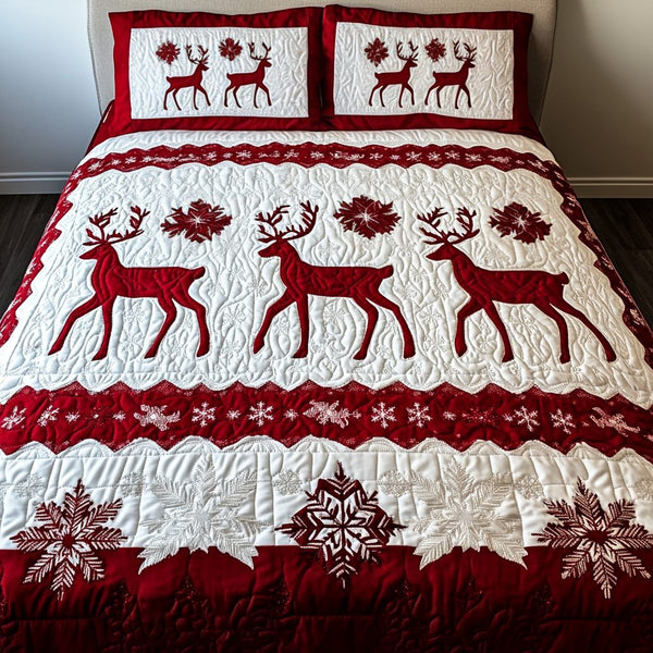 Reindeer Rendezvous quilted 3-piece bedding set on a made bed in a winter-styled bedroom
