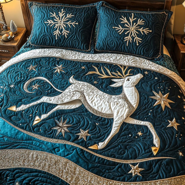 Reindeer Snowflake quilted 3-piece bedding set on a made bed in a winter-styled bedroom