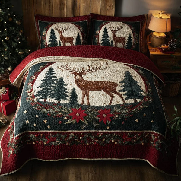 Reindeer Spirit quilted 3-piece bedding set on a made bed in a winter-styled bedroom