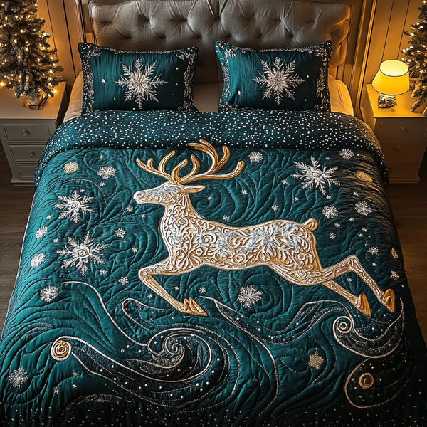 Reindeer Winter quilted 3-piece bedding set on a made bed in a winter-styled bedroom