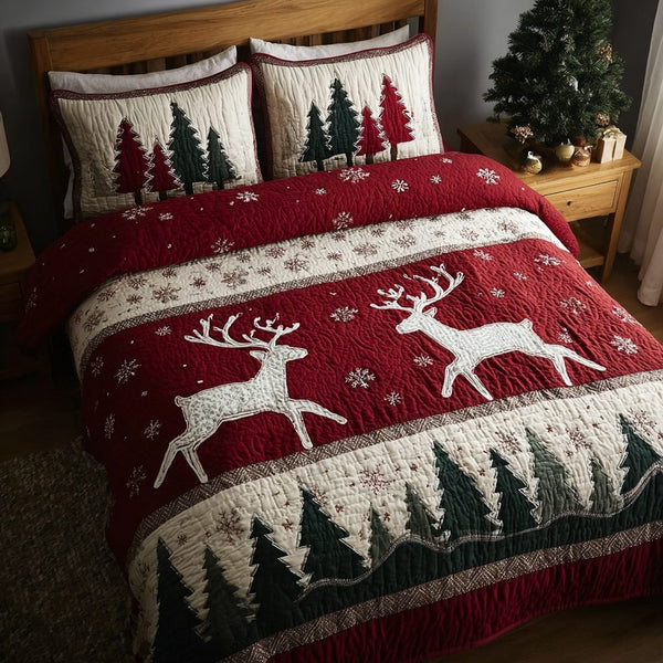 Reindeer Wish quilted 3-piece bedding set on a made bed in a winter-styled bedroom