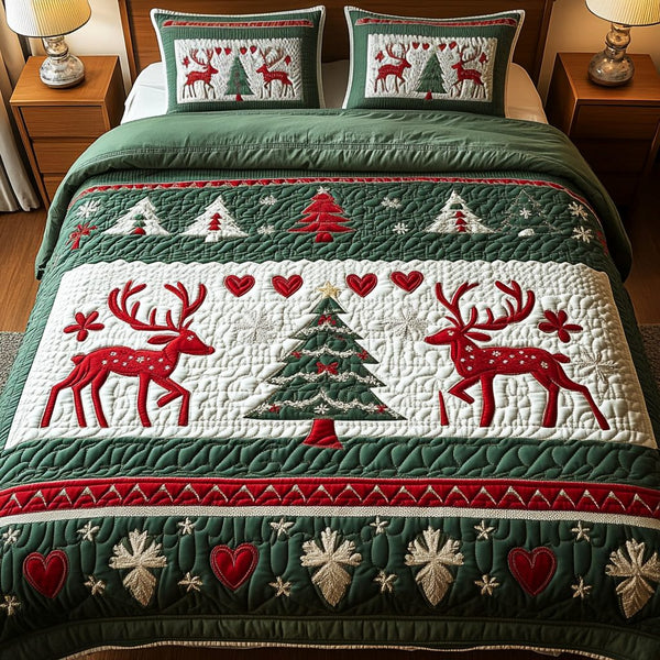Reindeer Wonderland quilted 3-piece bedding set on a made bed in a winter-styled bedroom