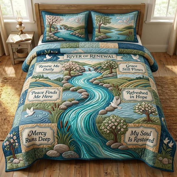Renewal River quilted 3-piece bedding set on a made bed with two matching pillow shams