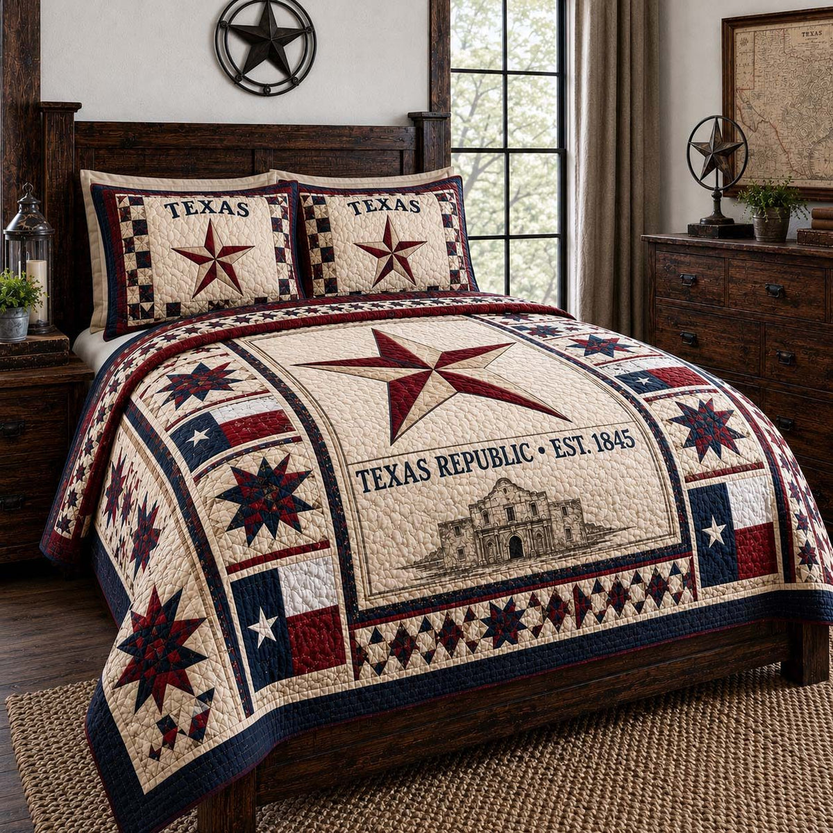 Republic Star quilted 3-piece bedding set on a made bed with two matching pillow shams