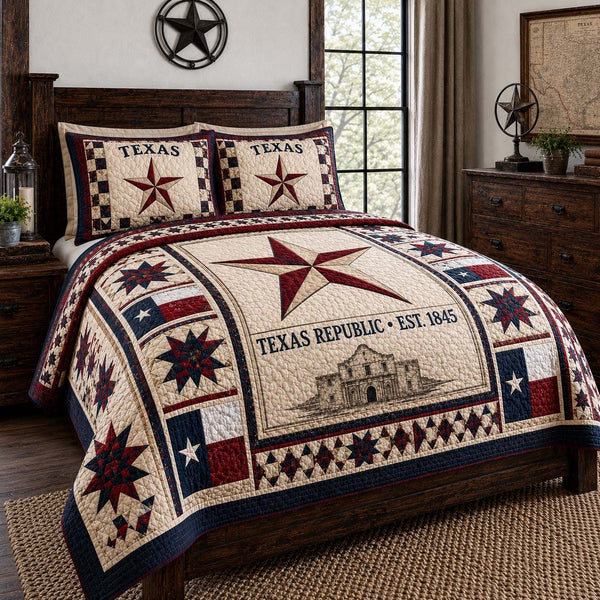 Republic Star quilted 3-piece bedding set on a made bed with two matching pillow shams