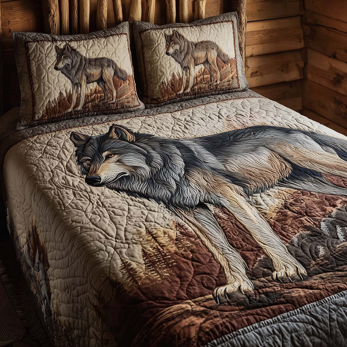 Resting Wolf quilted 3-piece bedding set on a made bed with two matching pillow shams