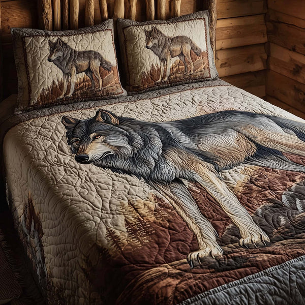 Resting Wolf quilted 3-piece bedding set on a made bed with two matching pillow shams