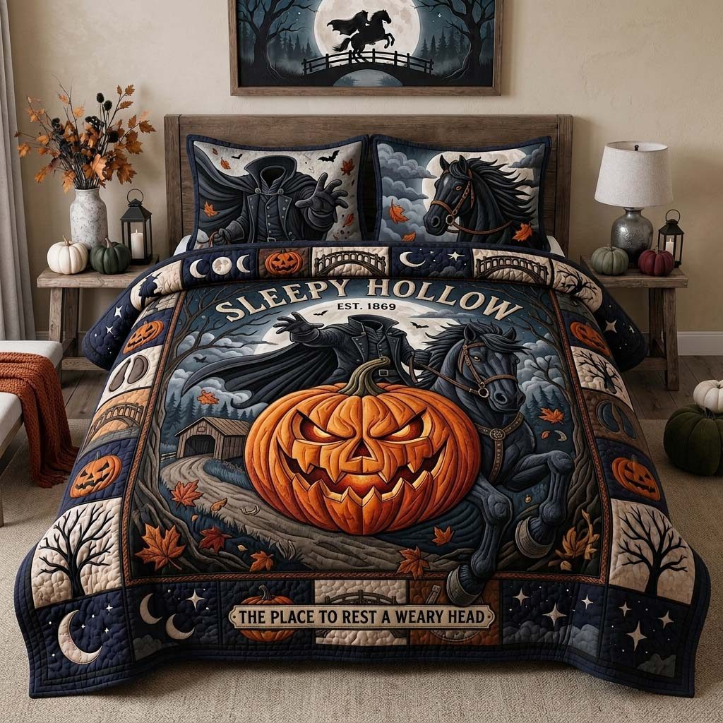 Restless Hollow quilted 3-piece bedding set on a made bed with two matching pillow shams