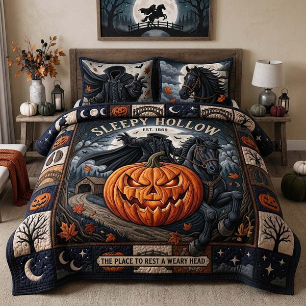 Restless Hollow quilted 3-piece bedding set on a made bed with two matching pillow shams