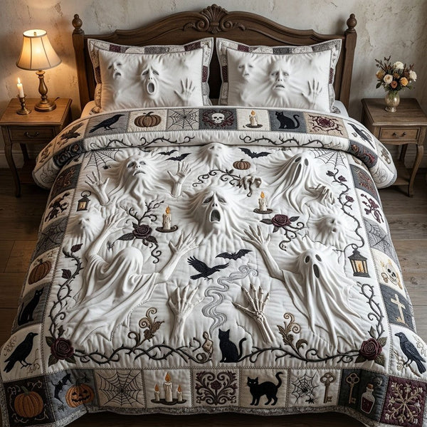 Restless Spirits Beneath quilted 3-piece bedding set on a made bed with two matching pillow shams