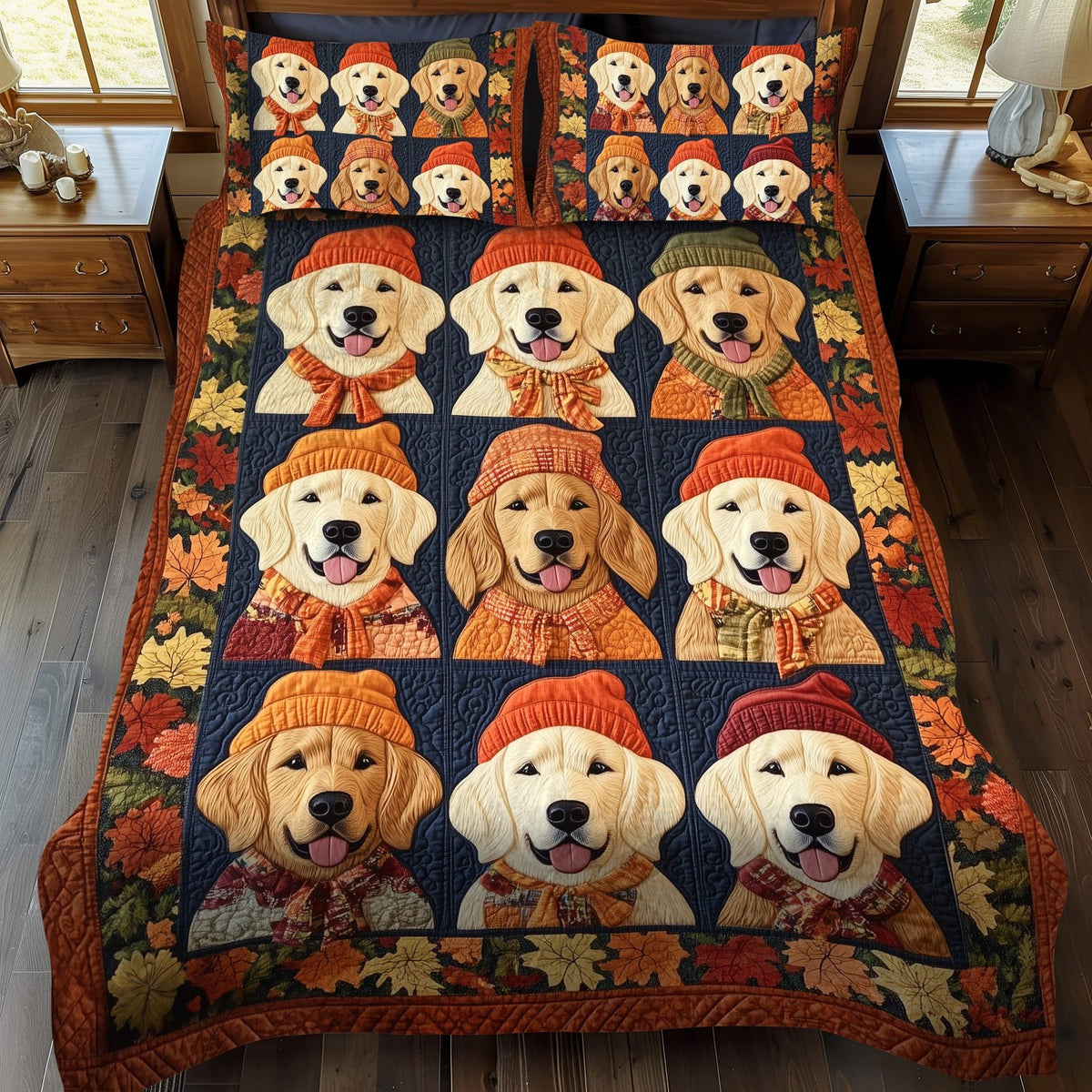 Retriever Autumn Vibes quilted 3-piece bedding set on a made bed with two matching pillow shams