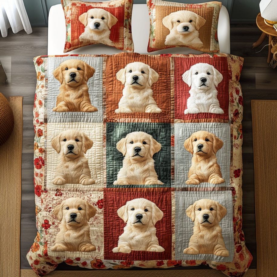 Retriever Bliss quilted 3-piece bedding set on a made bed with two matching pillow shams