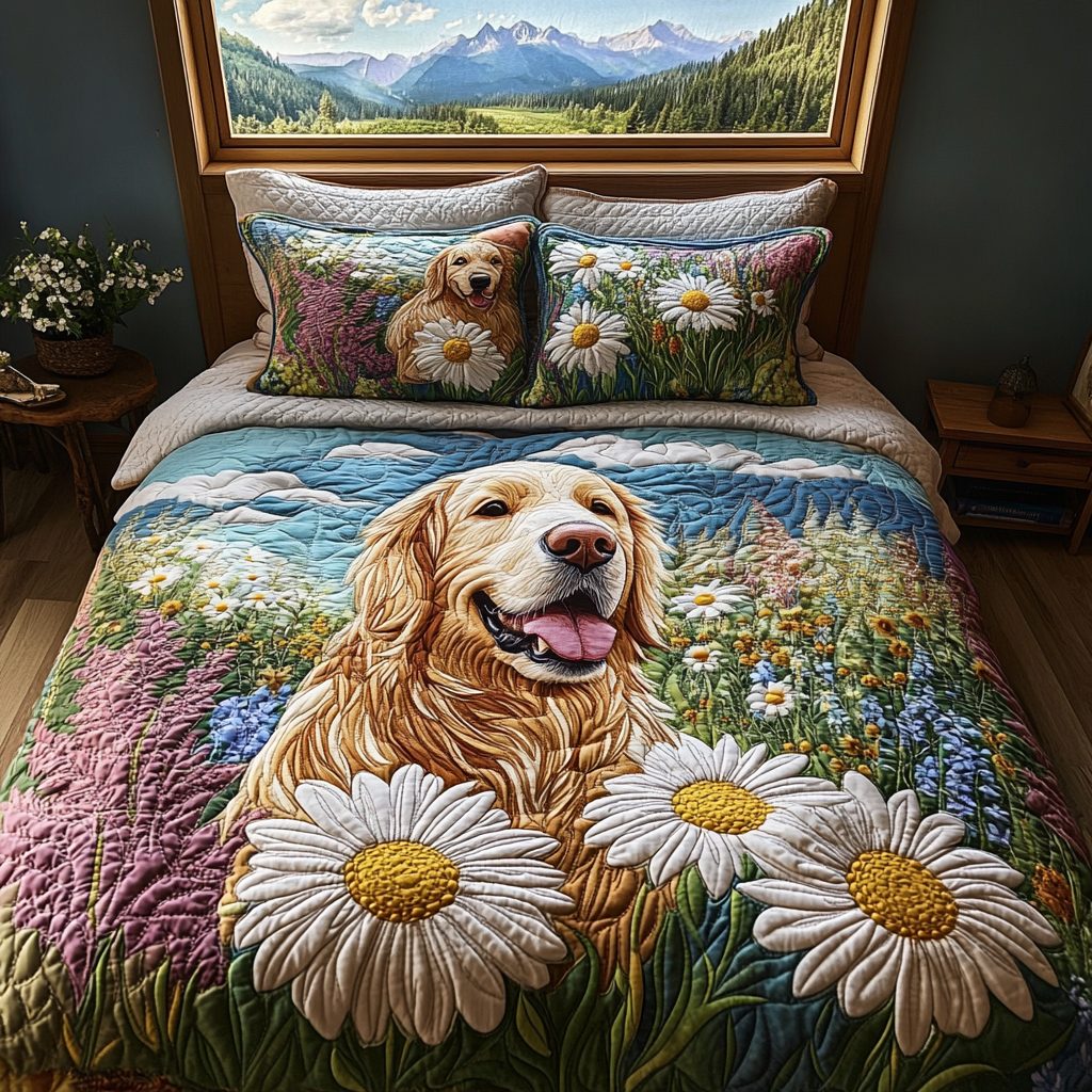 Retriever Daisy quilted 3-piece bedding set on a made bed with two matching pillow shams