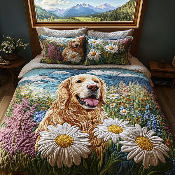 Retriever Daisy quilted 3-piece bedding set on a made bed with two matching pillow shams