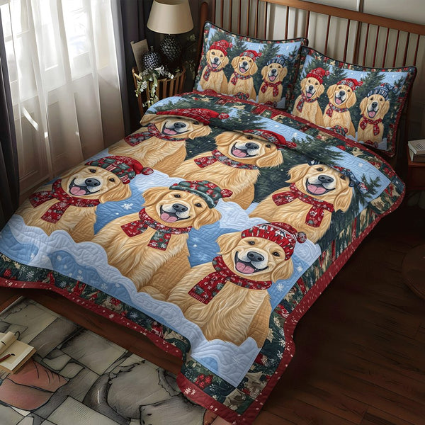 Retriever Delight quilted 3-piece bedding set on a made bed with two matching pillow shams