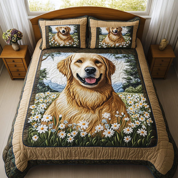 Retriever Love quilted 3-piece bedding set on a made bed with two matching pillow shams