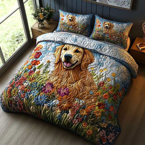 Retriever Love quilted 3-piece bedding set on a made bed with two matching pillow shams