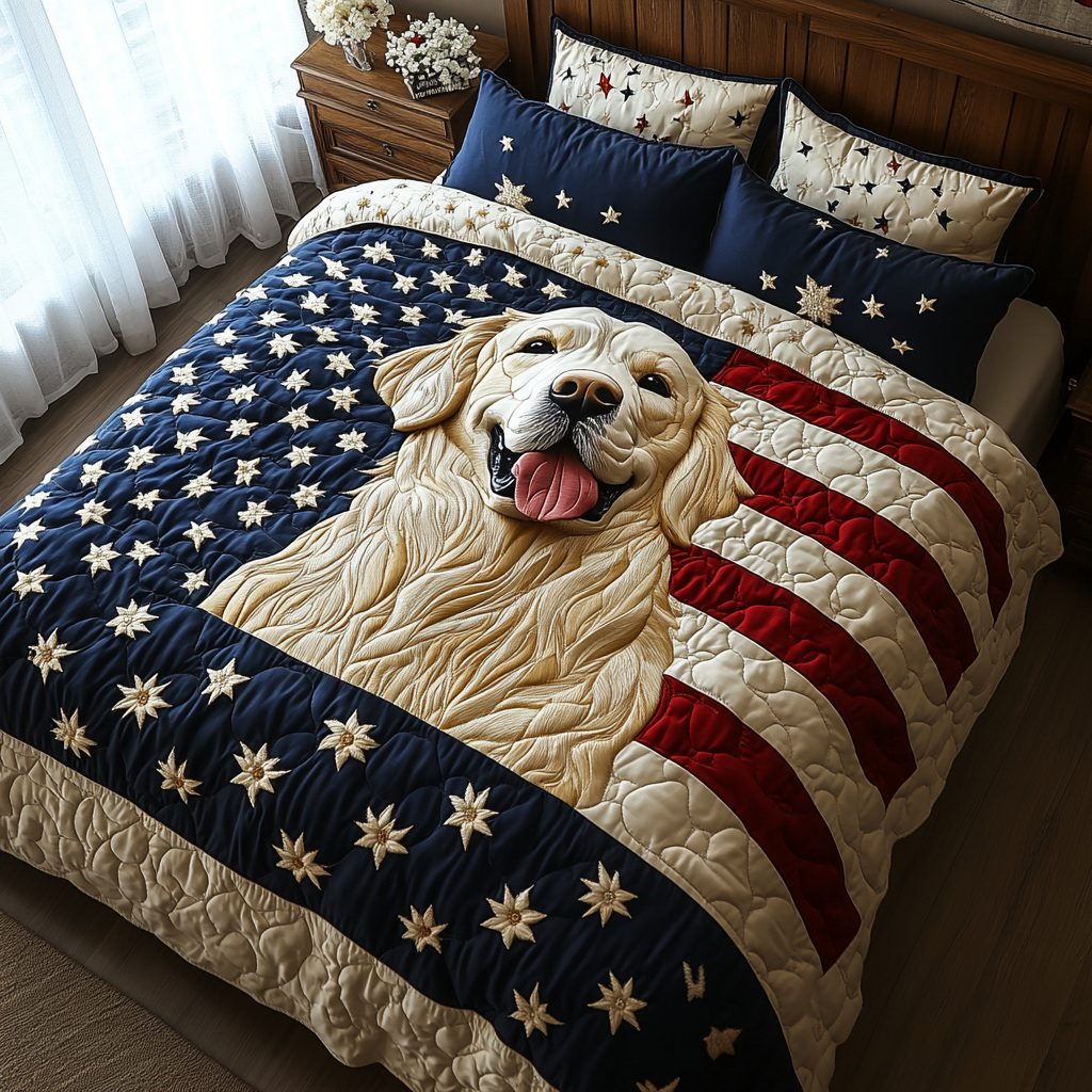 Retriever Pride quilted 3-piece bedding set on a made bed with two matching pillow shams