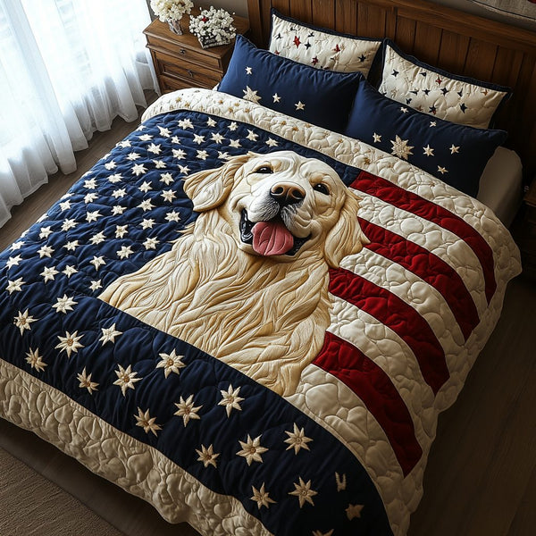 Retriever Pride quilted 3-piece bedding set on a made bed with two matching pillow shams