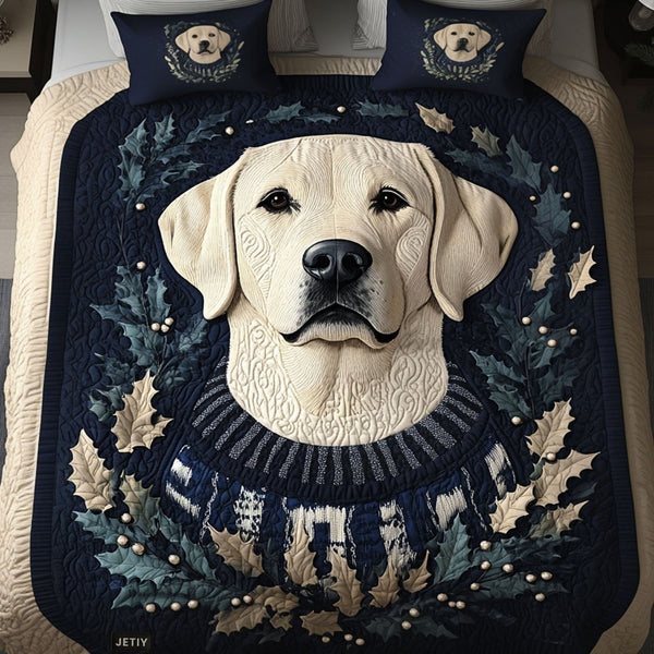 Retriever Warm Nose Wishes quilted 3-piece bedding set on a made bed with two matching pillow shams