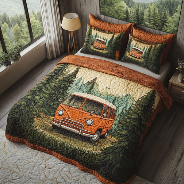 Retro Adventure quilted 3-piece bedding set on a made bed in a winter-styled bedroom
