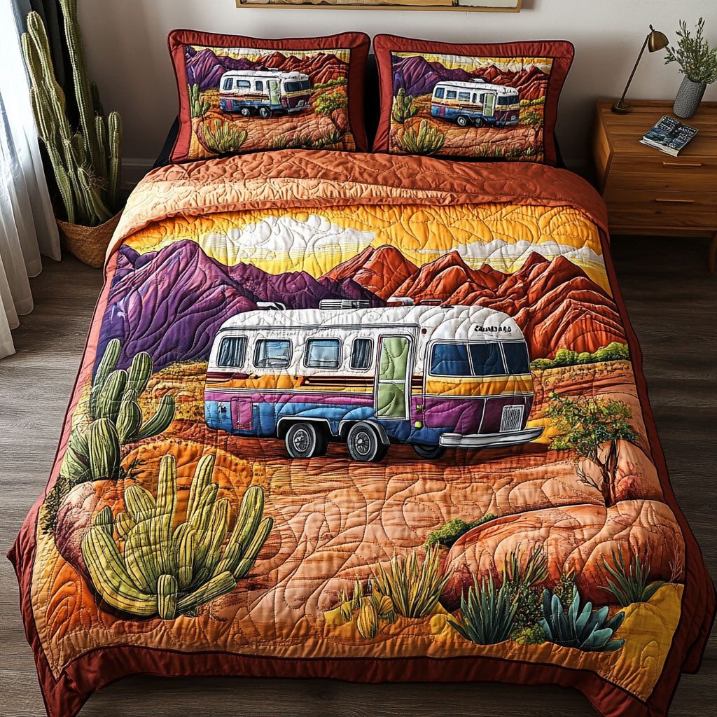 Retro Adventure quilted 3-piece bedding set on a made bed in a winter-styled bedroom
